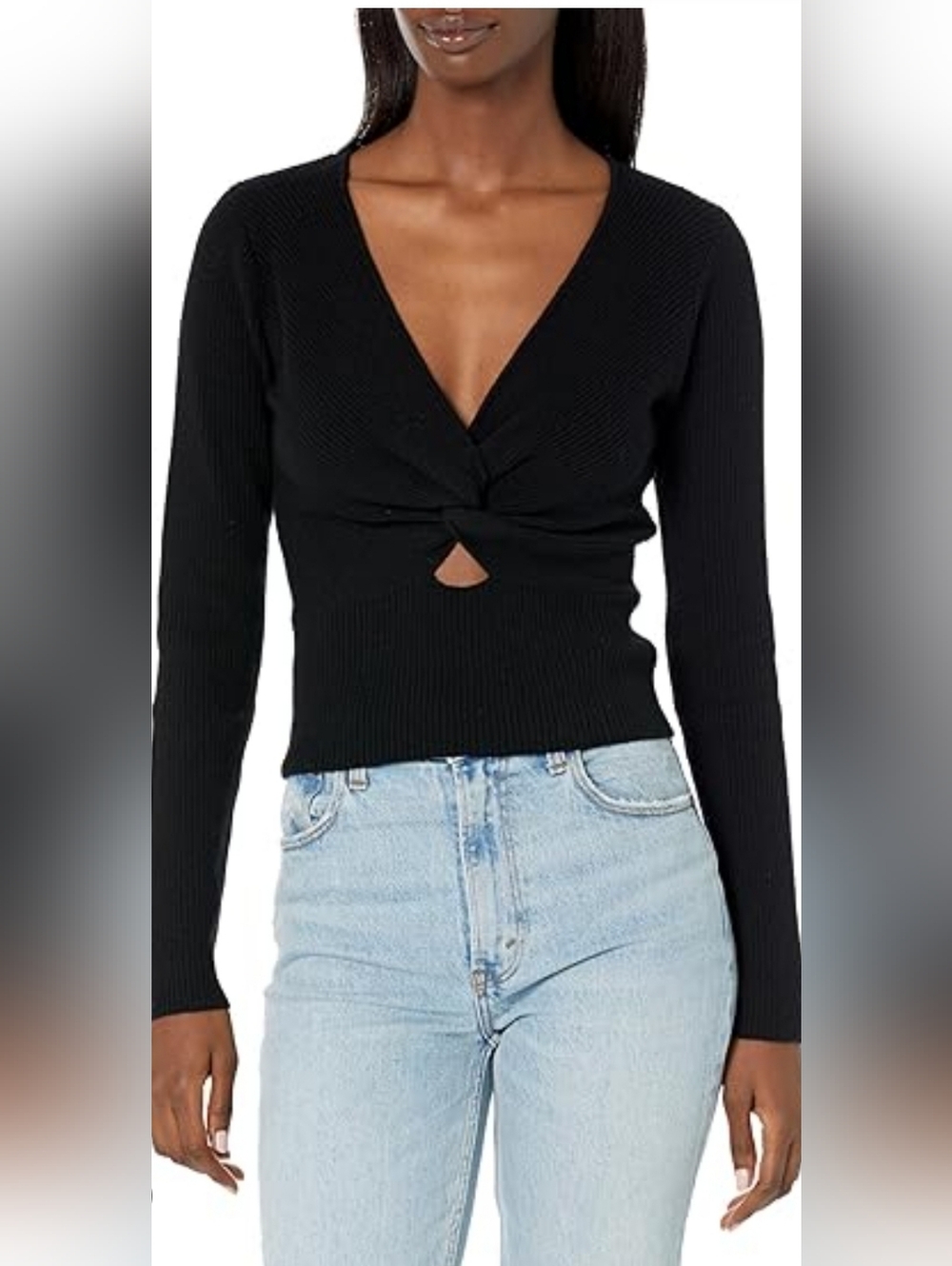 Astr Black Ribbed Twist-Knot V-Neck Long-Sleeve Top